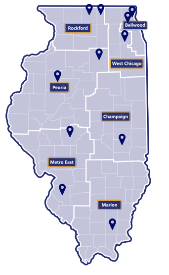 Map of Illinois broken in to seven regions: Rockford, West Chicago, Bellwood, Peoria, Champaign, Metro East, and Marion. There is are two location markers in Rockford, one in West Chicago, two in Bellwood, two in Peoria, one in Champaign, two in Metro East, and one in Marion.