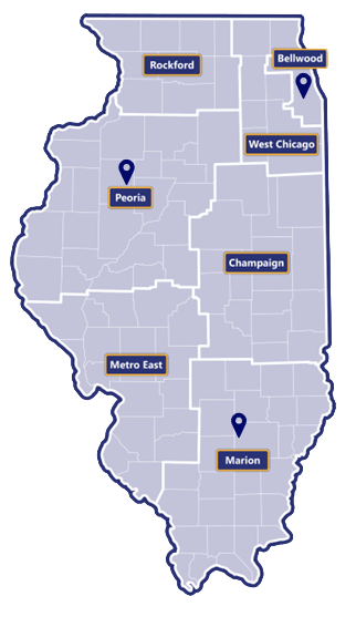 Map of Illinois broken in to seven regions: Rockford, West Chicago, Bellwood, Peoria, Champaign, Metro East, and Marion. There is a location marker in Bellwood, Peoria, and Marion.