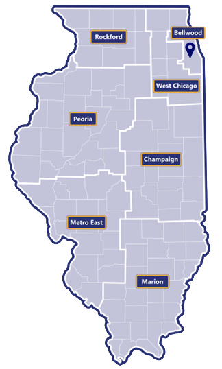 Map of Illinois broken in to seven regions: Rockford, West Chicago, Bellwood, Peoria, Champaign, Metro East, and Marion. There is a location marker in Bellwood.