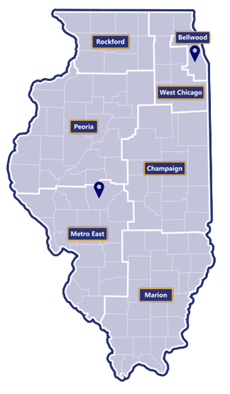 Map of Illinois broken in to seven regions: Rockford, West Chicago, Bellwood, Peoria, Champaign, Metro East, and Marion. There is a location marker in Bellwood and Metro East.