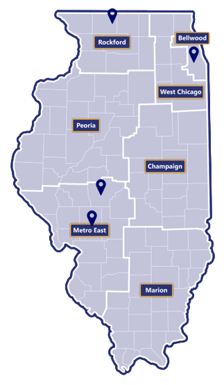 Map of Illinois broken in to seven regions: Rockford, West Chicago, Bellwood, Peoria, Champaign, Metro East, and Marion. There is a location marker in Rockford, Bellwood, and two in Metro East.