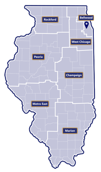 Map of Illinois broken in to seven regions: Rockford, West Chicago, Bellwood, Peoria, Champaign, Metro East, and Marion. There is a location marker in Bellwood.