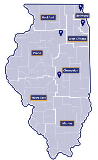Map of Illinois broken in to seven regions: Rockford, West Chicago, Bellwood, Peoria, Champaign, Metro East, and Marion. There is a location marker in Peoria, two in Bellwood, and one in Champaign.