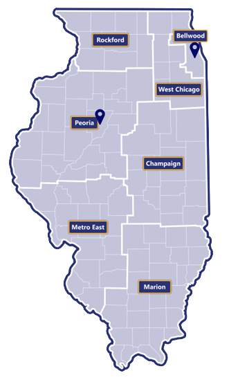 Map of Illinois broken in to seven regions: Rockford, West Chicago, Bellwood, Peoria, Champaign, Metro East, and Marion. There is a location marker in Bellwood and Peoria.